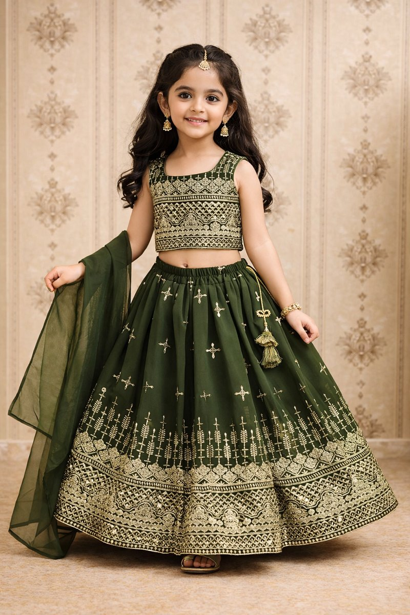 Evanik Green Designer Georgette Embroidered Work Wedding Lehenga Choli For Kids - Dista