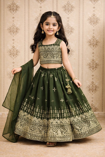 Evanik Green Designer Georgette Embroidered Work Wedding Lehenga Choli For Kids - Dista