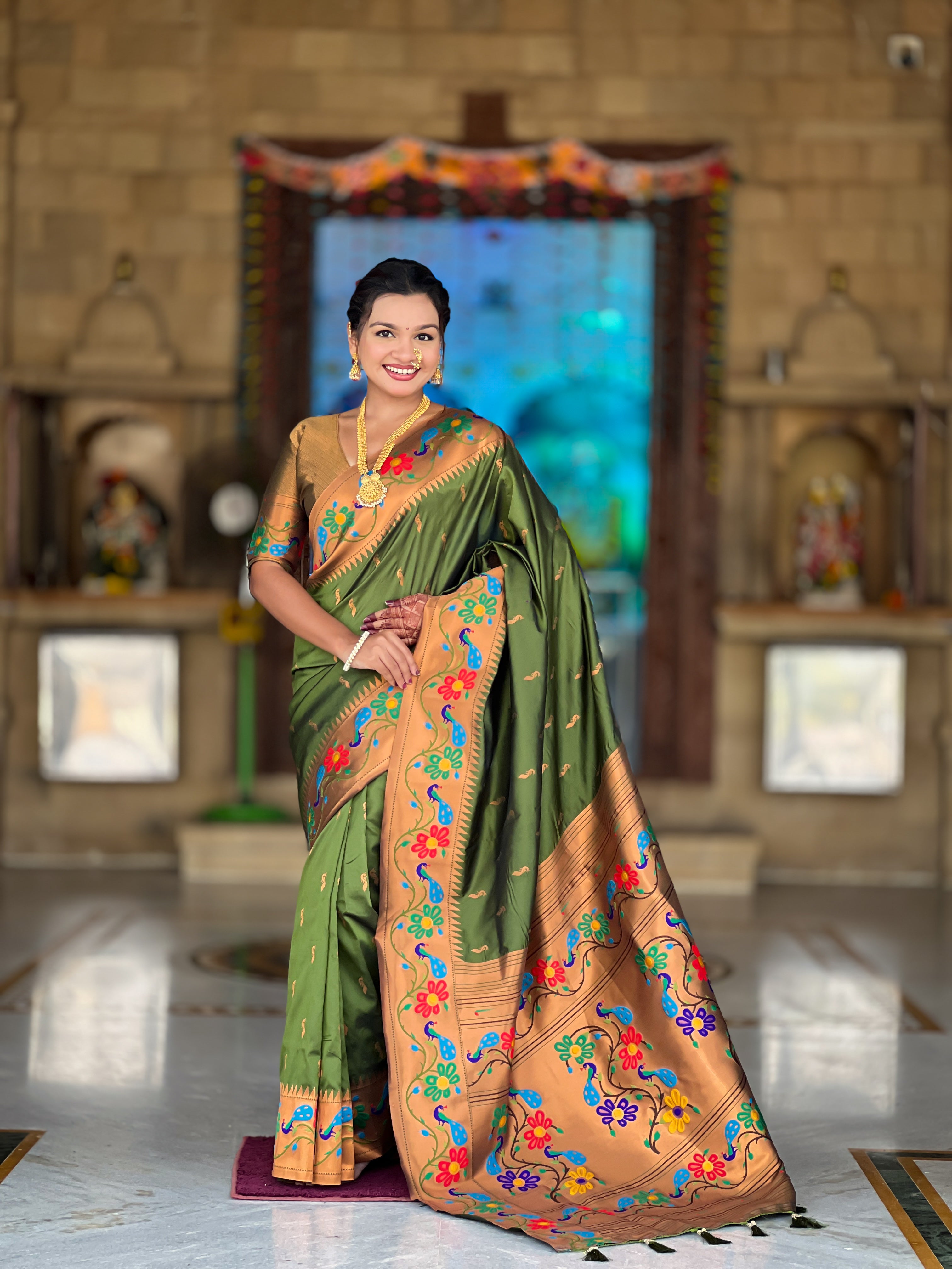 Mameraa Sarees Parrot Green Faux Banarasi Silk Saree With Paithani Rich Weaved Pallu And Blouse-Parrot_Green - Dista