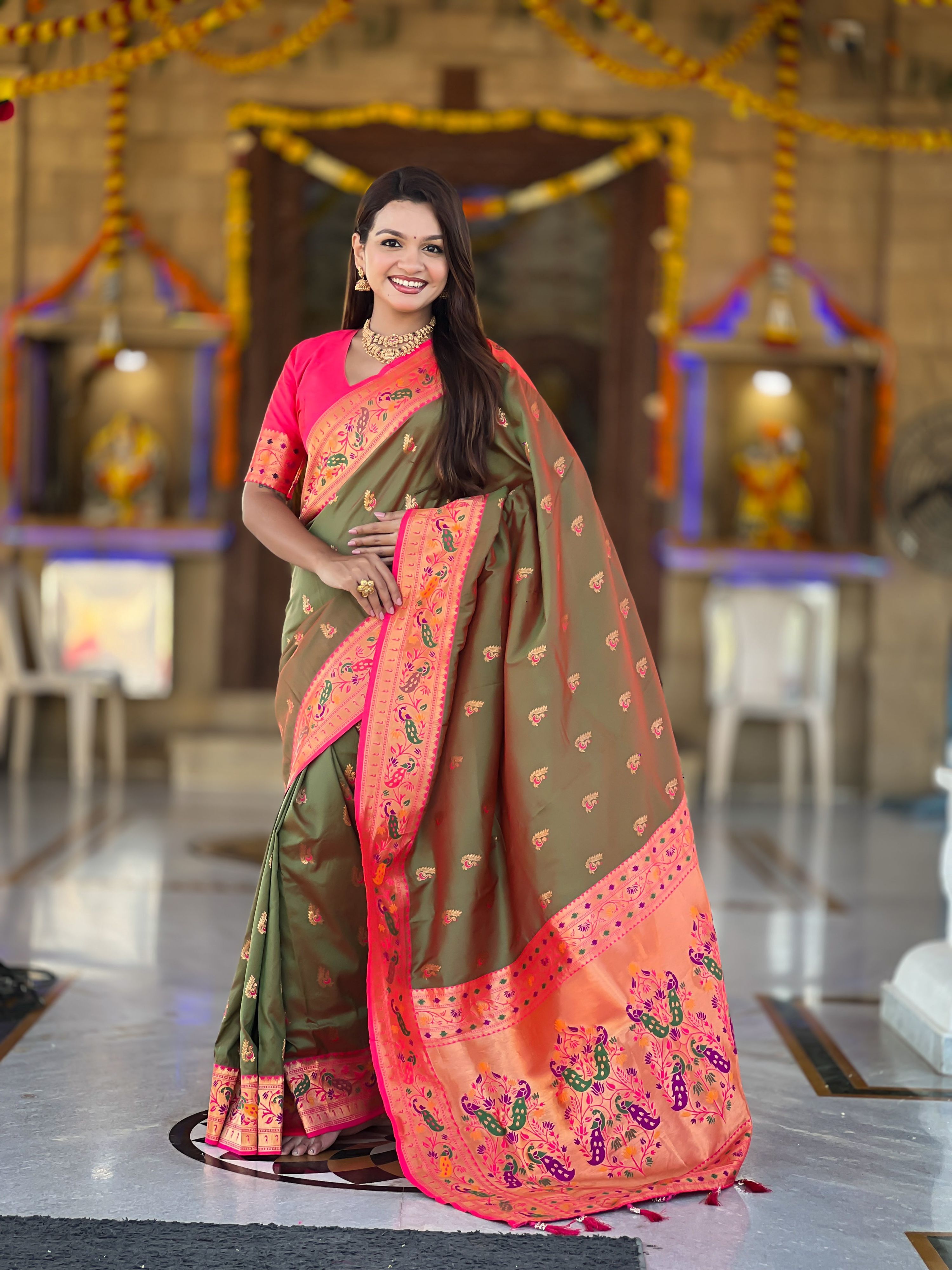 Mameraa Sarees Green Faux Banarasi Silk Saree With Paithani Rich Weaved Pallu And Blouse-Green - Dista