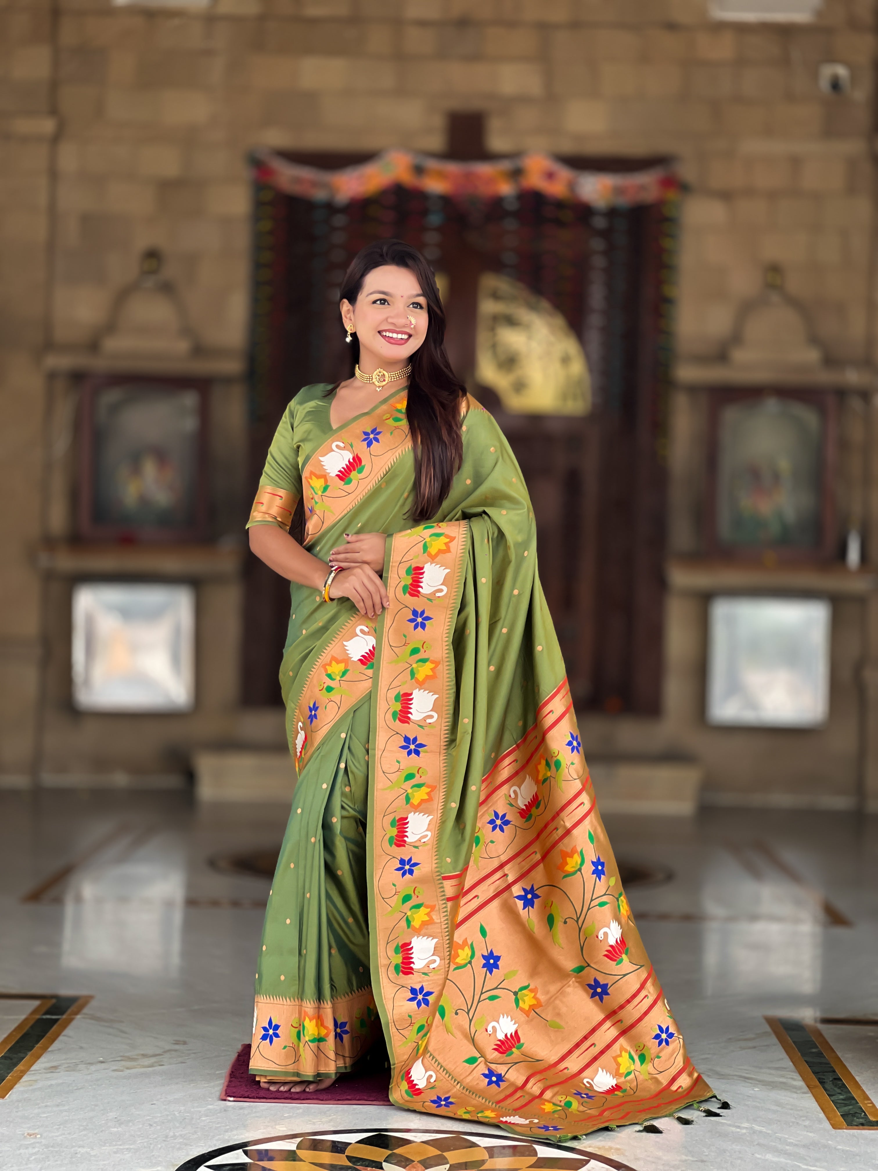 Mameraa Sarees Mahendi Green Faux Banarasi Silk Saree With Paithani Rich Weaved Pallu And Blouse-Green - Dista