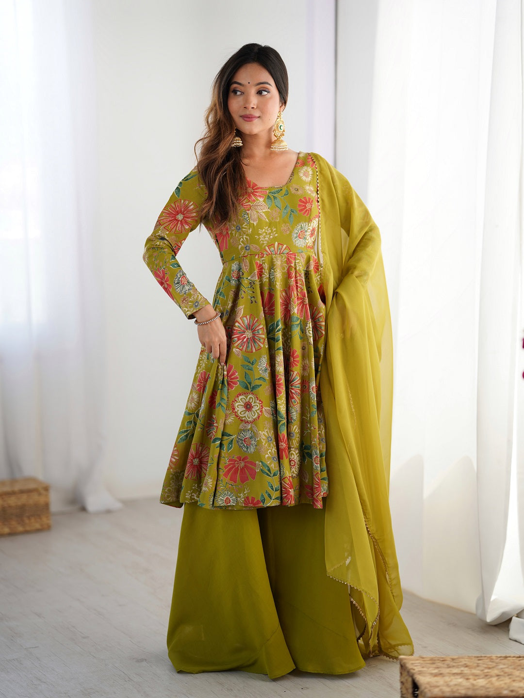 Evanik Mehendi Pure Romance Silk With Print Kediya With Palazzo Suit
