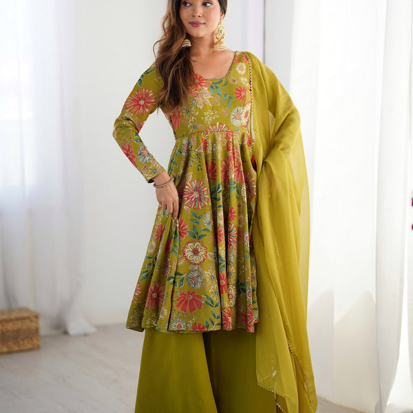 Evanik Mehendi Pure Romance Silk With Print Kediya With Palazzo Suit