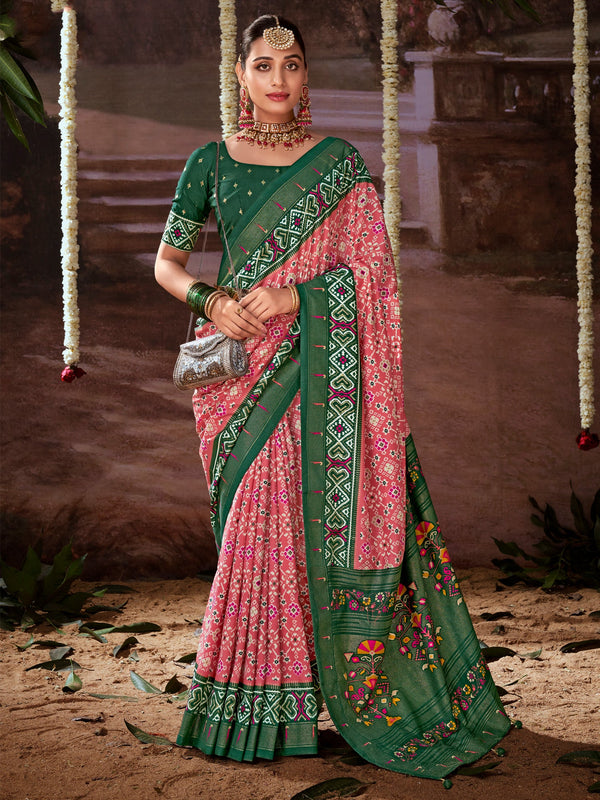 NOZ2TOZ Women's Tussar Silk Pink Printed Designer Saree With Blouse Piece - Distacart