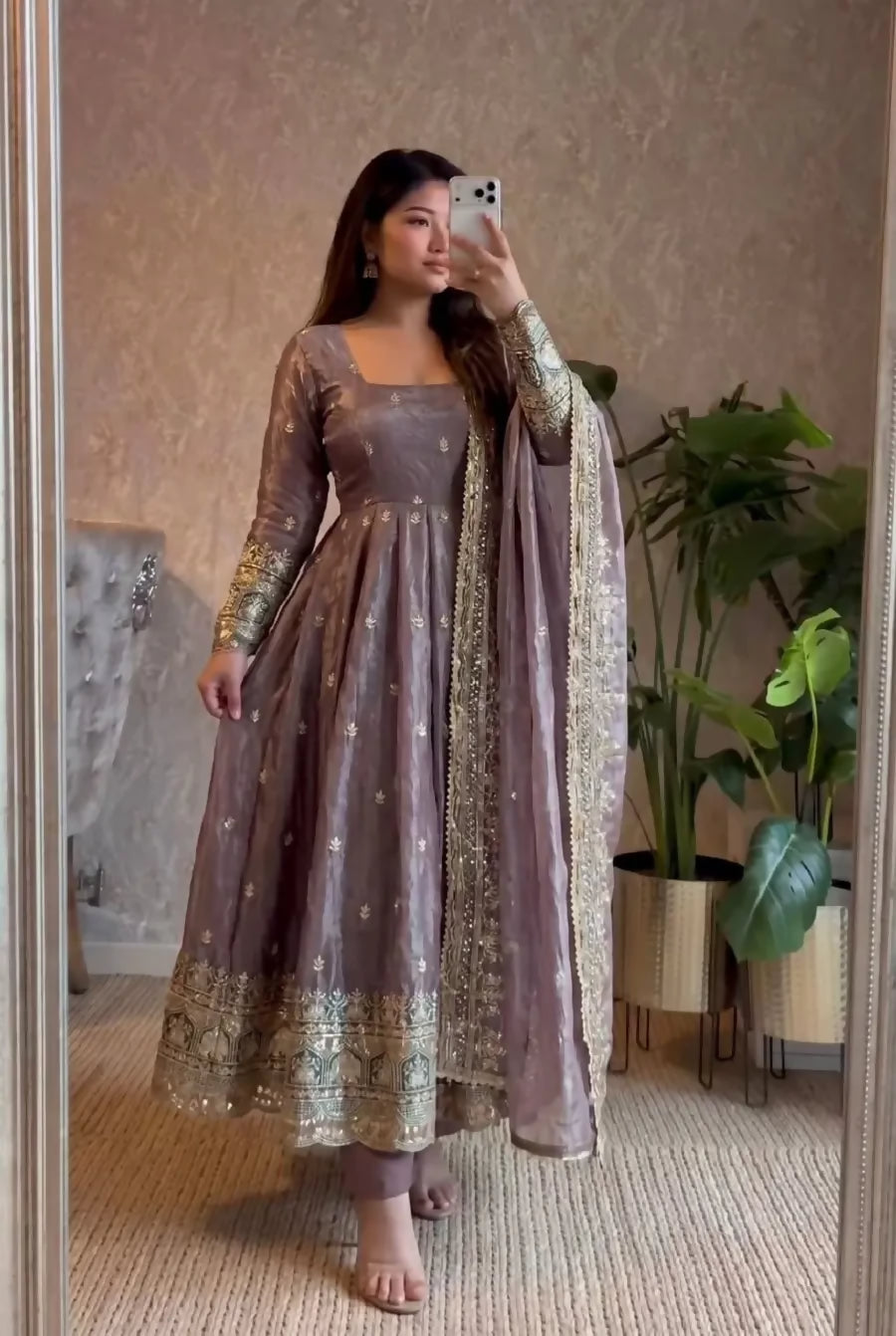 Teeya Creation Womens New Trendy Stylish Purple Zari Embroidered Silk Anarkali Suit Set with Dupatta - Dista
