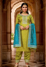 Thumbnail for Malishka Women's Olive Vichitra Straight Kurta with Pant And Dupatta Set - Distacart