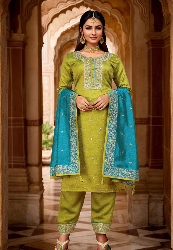 Malishka Women's Olive Vichitra Straight Kurta with Pant And Dupatta Set - Distacart