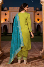 Thumbnail for Malishka Women's Olive Vichitra Straight Kurta with Pant And Dupatta Set - Distacart