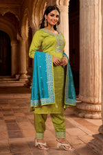Thumbnail for Malishka Women's Olive Vichitra Straight Kurta with Pant And Dupatta Set - Distacart