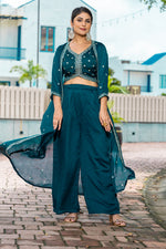 Thumbnail for Malishka Women's Teal Vichitra Straight Kurta with Pant And Shrug - Distacart