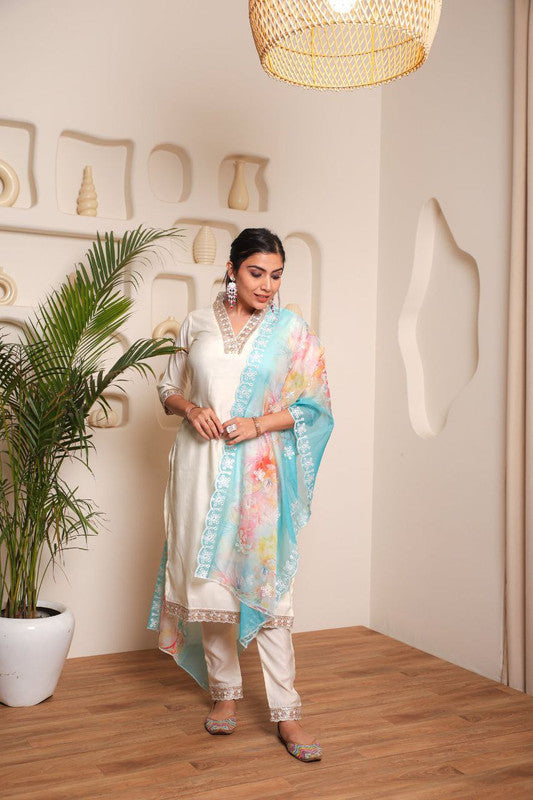 Lyush Women's White Chanderi Cotton Straight Kurta with Pant And Dupatta Sets - Distacart