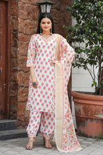 Thumbnail for Malishka Women's Orange Muslin Cotton Straight Kurta with Pant And Dupatta Set - Distacart