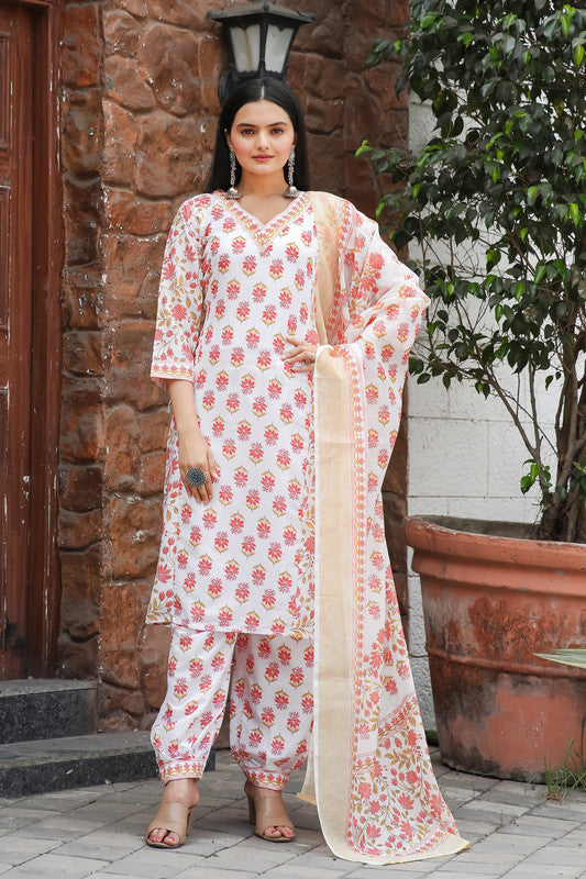 Malishka Women's Orange Muslin Cotton Straight Kurta with Pant And Dupatta Set - Distacart