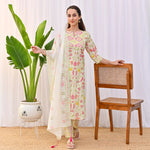 Thumbnail for Malishka Women's Cream Cotton Slub Straight Kurta with Pant And Dupatta Set - Distacart