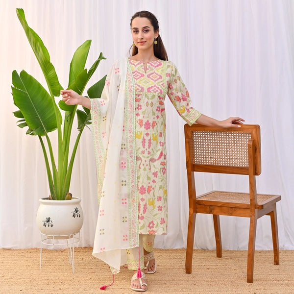 Malishka Women's Cream Cotton Slub Straight Kurta with Pant And Dupatta Set - Distacart