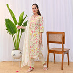 Thumbnail for Malishka Women's Cream Cotton Slub Straight Kurta with Pant And Dupatta Set - Distacart