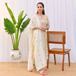 Thumbnail for Malishka Women's Cream Cotton Slub Straight Kurta with Pant And Dupatta Set - Distacart