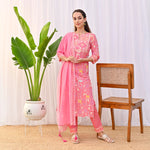 Thumbnail for Malishka Women's Peach Cotton Slub Straight Kurta with Pant And Dupatta Set - Distacart