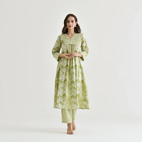 Malishka Women's Lemon Cotton Slub Straight Kurta with Pant - Distacart