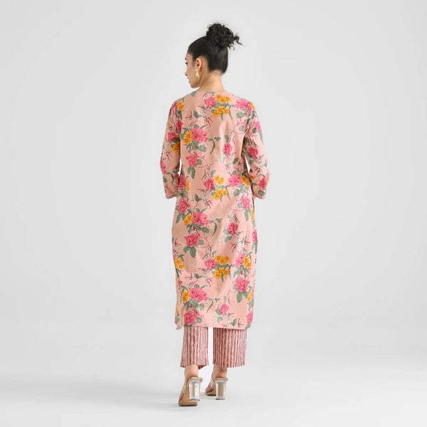 Malishka Women's Peach Cotton Slub Straight Kurta with Pant And Dupatta Set - Distacart