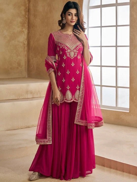 Malishka Women's Pink Georgette Embroidered Straight Kurta Sharara With Dupatta