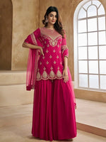 Thumbnail for Malishka Women's Pink Georgette Embroidered Straight Kurta Sharara With Dupatta