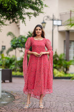 Thumbnail for Malishka Womens Printed Red Georgette Ethnic Dress - Distacart