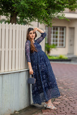 Thumbnail for Malishka Womens Printed Navy Blue Georgette Gown - Distacart