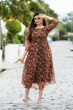 Thumbnail for Malishka Womens Printed Brown Georgette Ethnic Dress - Distacart