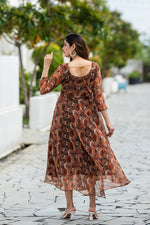 Thumbnail for Malishka Womens Printed Brown Georgette Ethnic Dress - Distacart