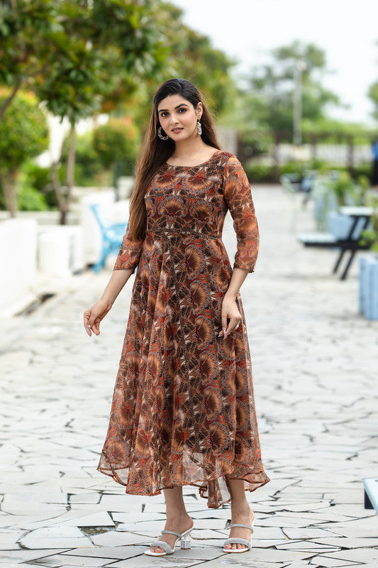 Malishka Womens Printed Brown Georgette Ethnic Dress - Distacart