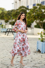 Thumbnail for Malishka Women's Floral Printed V-Neck Georgette Maxi Ethnic Dress - White - Distacart