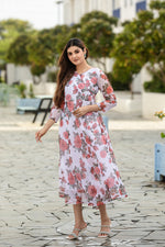 Thumbnail for Malishka Women's Floral Printed V-Neck Georgette Maxi Ethnic Dress - White - Distacart
