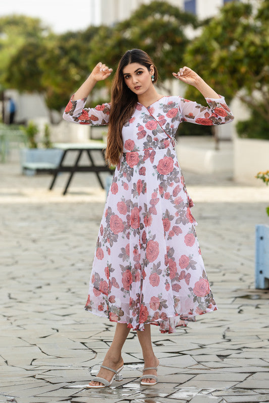 Malishka Women's Floral Printed V-Neck Georgette Maxi Ethnic Dress - White - Distacart