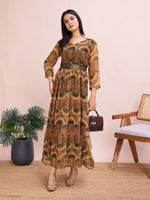 Thumbnail for Malishka Women's Printed V-Neck Georgette Gown - Brown - Distacart