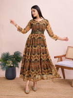 Thumbnail for Malishka Women's Printed V-Neck Georgette Gown - Brown - Distacart
