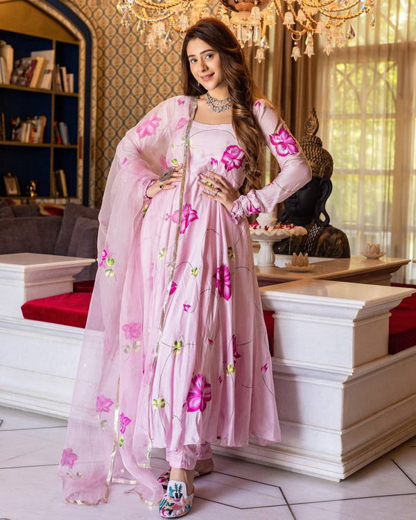 Malishka Women's Pink Fully Stitched Georgette Digital Print Anarkali Gown - Distacart