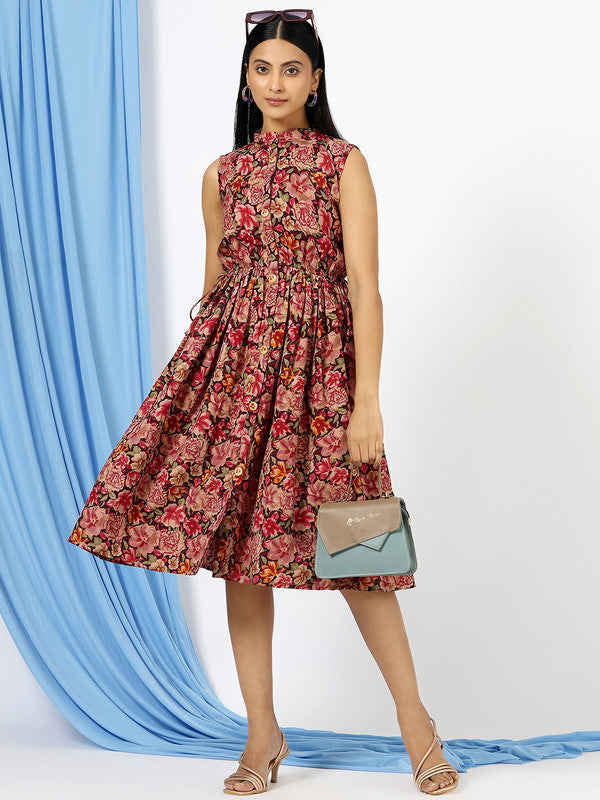 Malishka Women's Red Mandarin Collar Floral Printed Cotton Fit & Flare Dress - Distacart