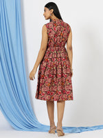 Thumbnail for Malishka Women's Red Mandarin Collar Floral Printed Cotton Fit & Flare Dress - Distacart