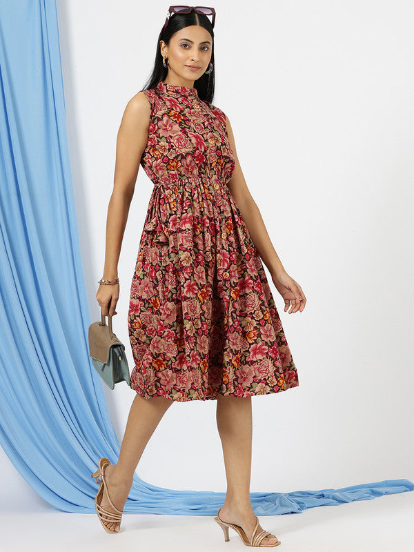 Malishka Women's Red Mandarin Collar Floral Printed Cotton Fit & Flare Dress - Distacart