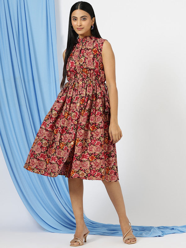 Malishka Women's Red Mandarin Collar Floral Printed Cotton Fit & Flare Dress - Distacart