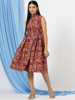 Thumbnail for Malishka Women's Red Mandarin Collar Floral Printed Cotton Fit & Flare Dress - Distacart
