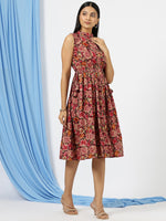 Thumbnail for Malishka Women's Red Mandarin Collar Floral Printed Cotton Fit & Flare Dress - Distacart