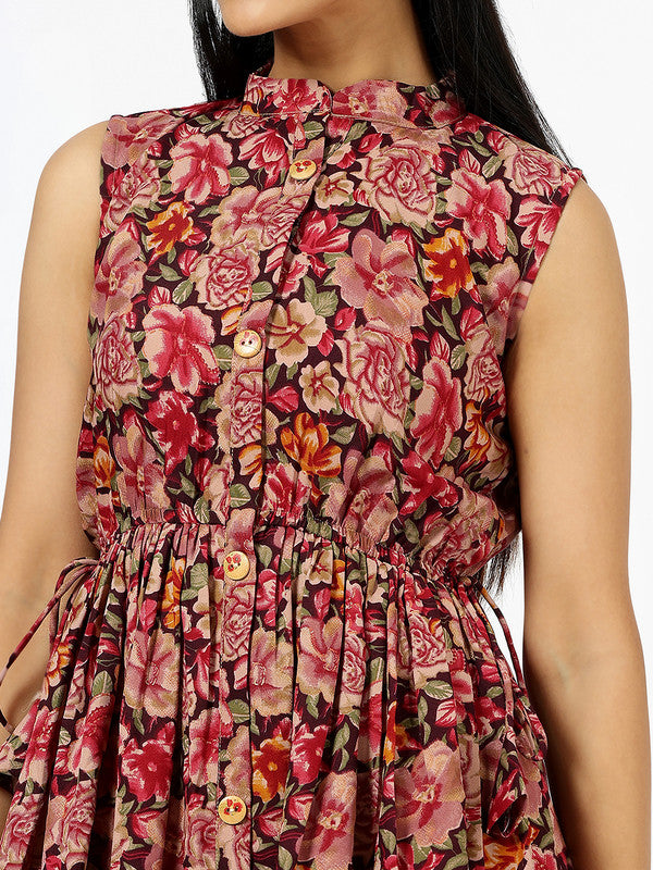 Malishka Women's Red Mandarin Collar Floral Printed Cotton Fit & Flare Dress - Distacart