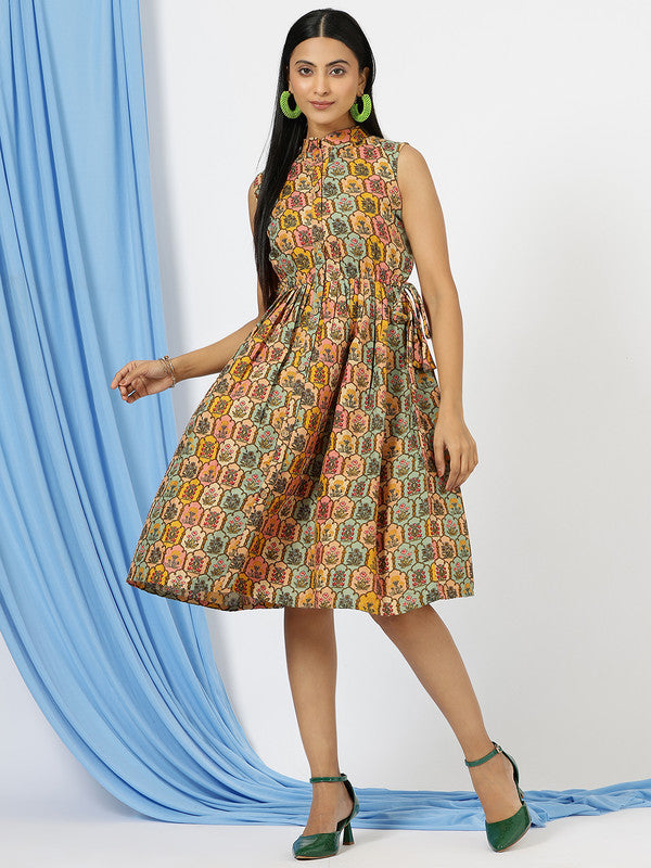 Malishka Women's Multi Mandarin Collar Floral Printed Cotton Fit & Flare Dress - Distacart