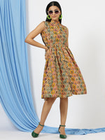 Thumbnail for Malishka Women's Multi Mandarin Collar Floral Printed Cotton Fit & Flare Dress - Distacart