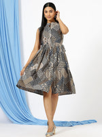 Thumbnail for Malishka Women's Grey Mandarin Collar Printed Cotton Fit & Flare Dress - Distacart