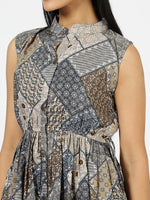 Thumbnail for Malishka Women's Grey Mandarin Collar Printed Cotton Fit & Flare Dress - Distacart