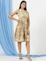 Thumbnail for Malishka Women's Yellow Mandarin Collar Printed Cotton Fit & Flare Dress - Distacart