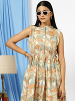 Thumbnail for Malishka Women's Yellow Mandarin Collar Printed Cotton Fit & Flare Dress - Distacart